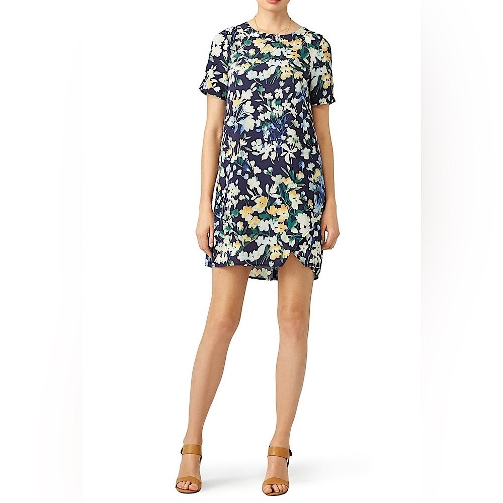 Slate & Willow Blue Floral Flower Throw Shift Short‎ Sleeve Mini Dress, Size 10